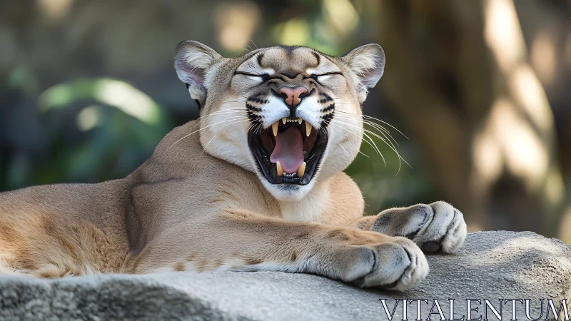 Mountain lion displays aggressive threat posture with open jaws.