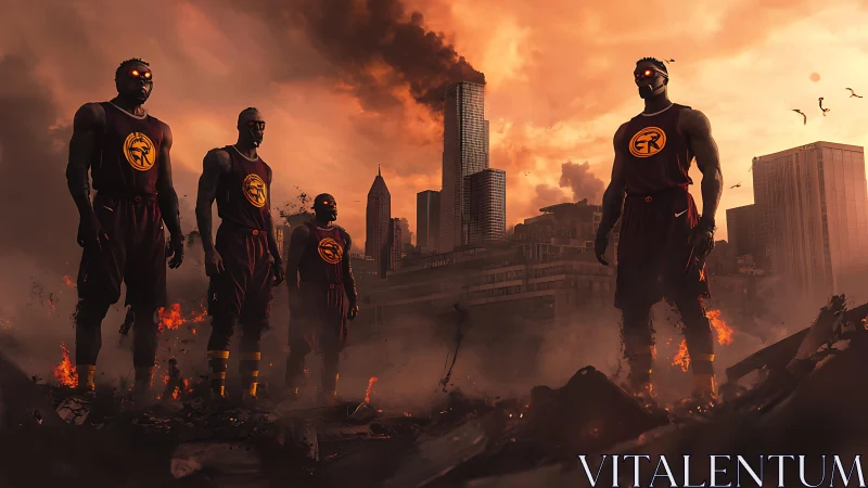 Cybernetic heroes dominate burning postwar city skyline.