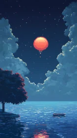 Lone hot air balloon glows above tranquil pixel sea night