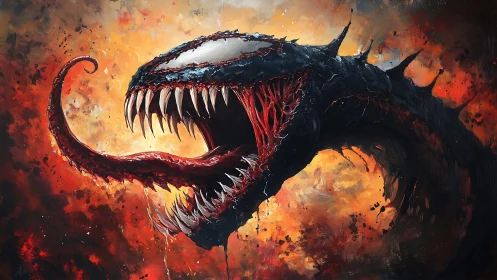 Monstrous black creature with fanged maw against firestorm