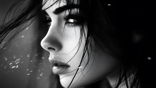 Monochrome digital portrait of pensive woman in profile.