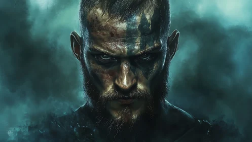 Fierce warrior’s steady gaze wrapped in stormy teal mist.