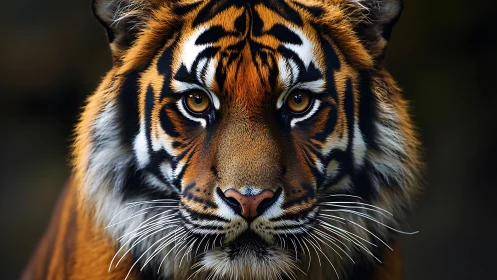 Intense frontal tiger portrait isolates gaze with shallow depth