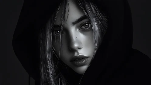 Hooded girl in monochrome, intense digital portrait study.