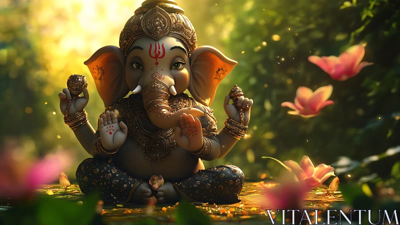 Baby Ganesha idol glows in golden forest bokeh light.