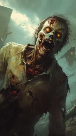 Grotesque glowing-eyed zombie in stormy wasteland.