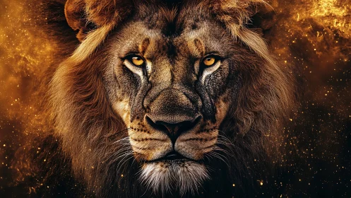 Symmetrical lion portrait with high-contrast, ember-like particle field