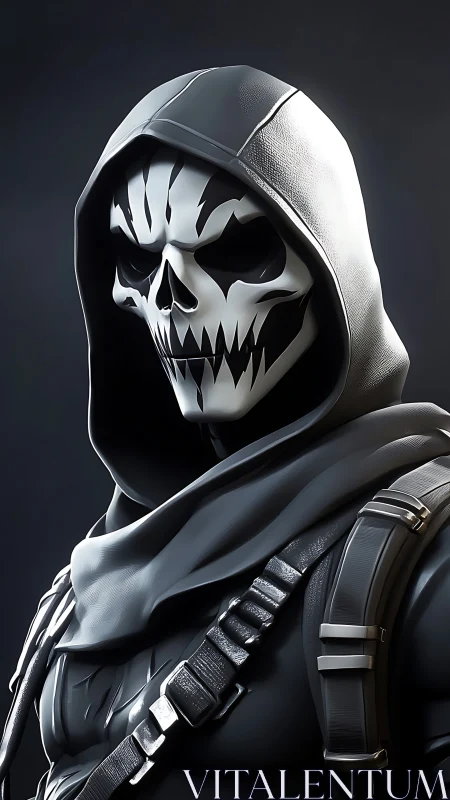 Hooded skull warrior stands in sleek tactical armor.
