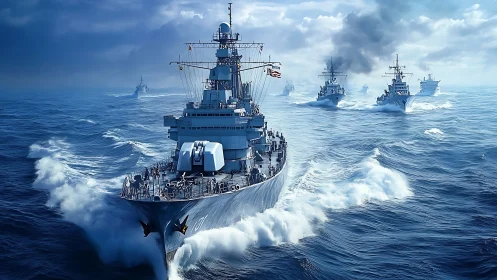Powerful naval fleet cuts through stormy blue ocean waves