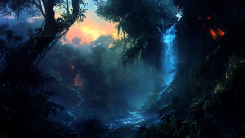 Luminescent Cavern Chasm with Cascading Waterfall and Dual-Source Illumination