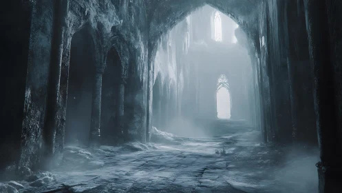 Frozen gothic cathedral corridor under pale mist light.