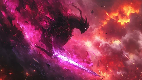 Cosmic shadow entity wields luminous plasma blade in nebular storm