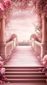 Elevated floral terrace overlooks distant modern city skyline