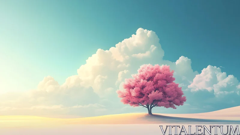 Surreal pink tree in pastel landscape with dreamy clouds, digital art.