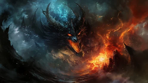 Volumetric-lit demonic dragon head dominates turbulent fiery storm