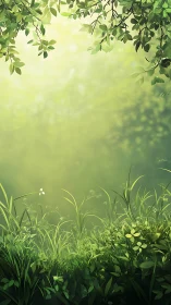 Sunlit forest clearing glows with soft green tranquility.