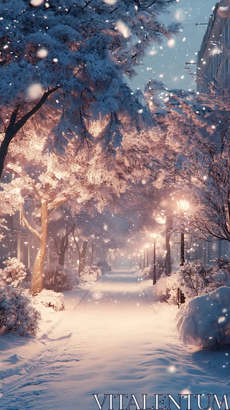 Snow-laden city walkway under glowing winter lamplights.