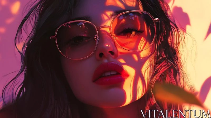 Neon sunset portrait with bold sunglasses and shadows.