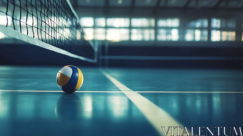Quiet volleyball court moment with a lone colorful ball.