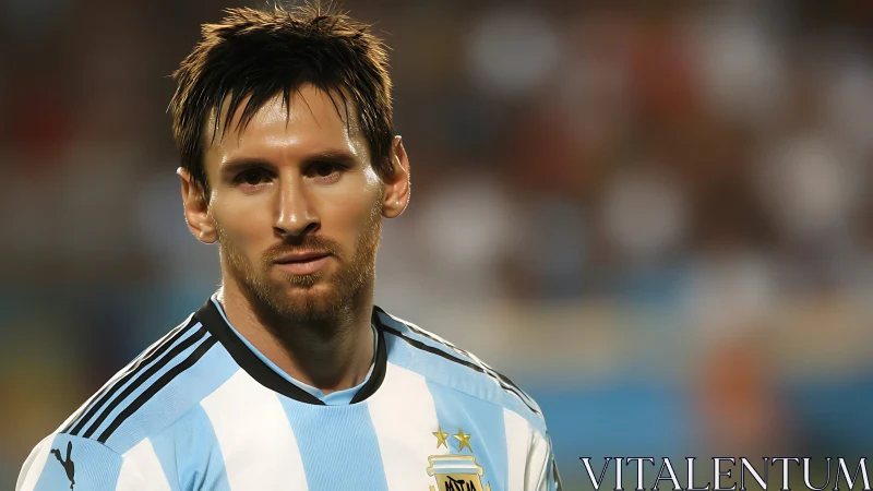Football player in Argentina jersey on stadium field.