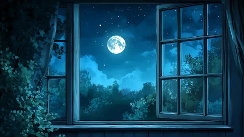 Full moon illuminates quiet forest beyond open window