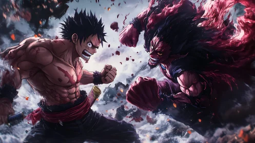 Two muscular anime fighters clash mid-punch in smoky ruins