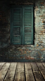 Weathered teal shutters on distressed brick wall interior.