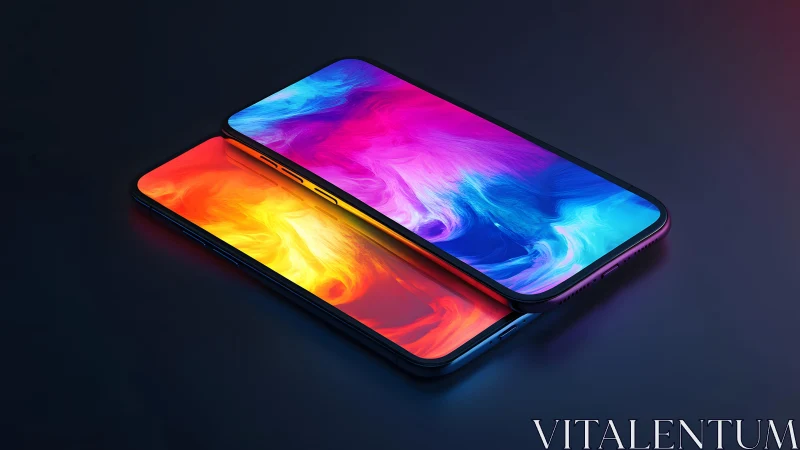 Two modern smartphones with vibrant abstract screens, digital art.