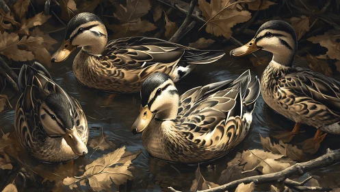 Four mallard ducks drift quietly through autumn leaves