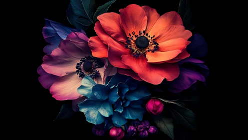 Luminous Anemones Against Black: Neon Floral Composition.
