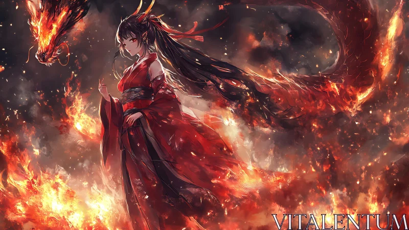 Fire robed woman beside blazing dragon in swirling flames.