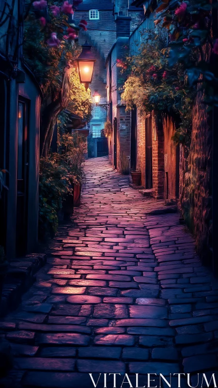 Twilight cobblestone alley glows under warm lantern light