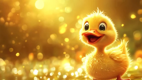 Cheerful Yellow Duckling with Golden Bokeh.