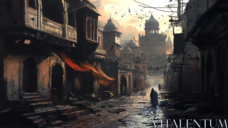 Ancient domed city street glows under a moody sunset sky.