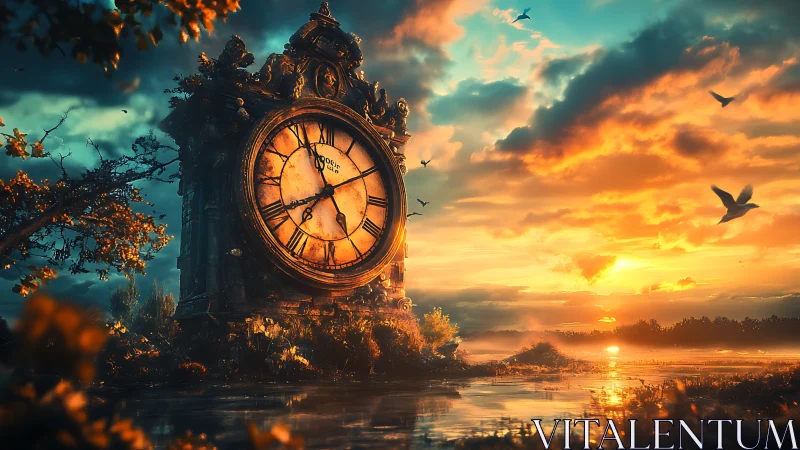 Sunset-swallowed clock tower lingers between moments and myths