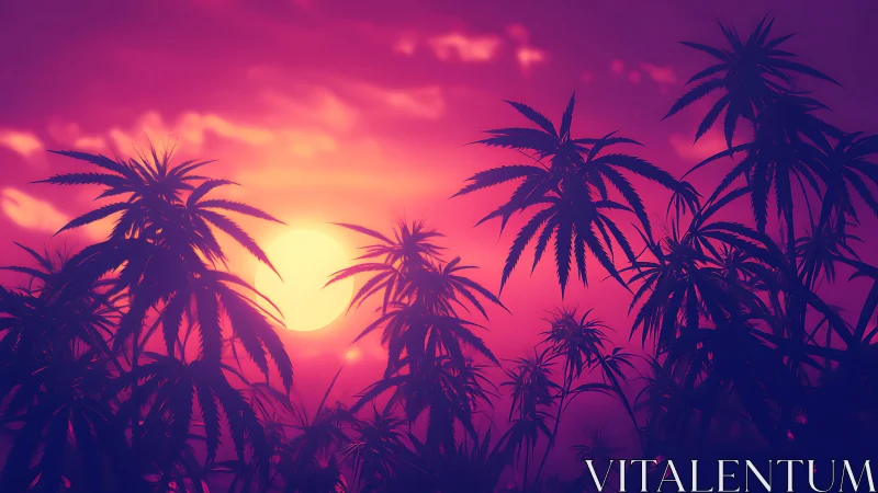 Vibrant cannabis silhouettes glow against neon sunset sky.