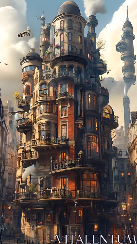 Layered steampunk residential tower with vertical sky docks.