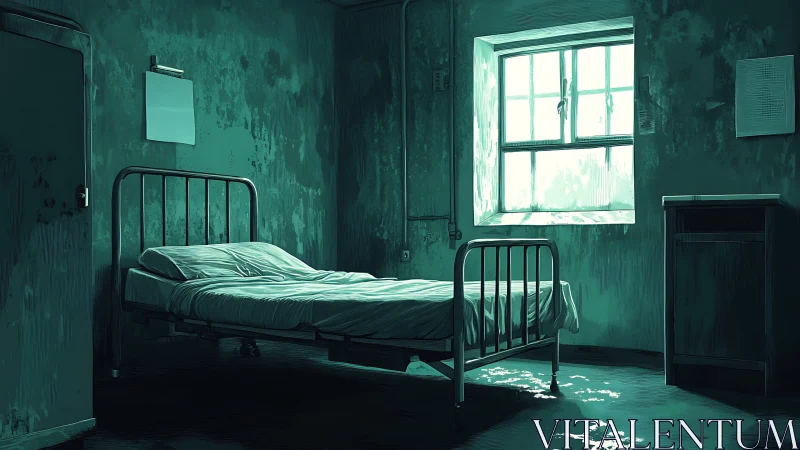 Quiet hospital room rests in moody teal light and shadow
