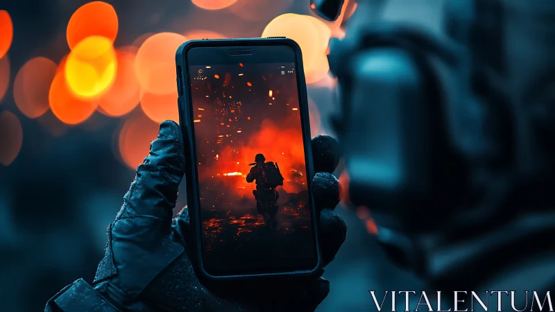 Military gloved hand holding smartphone with combat scene.