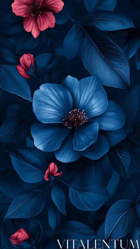 Blue and Pink Floral Composition with Layered Botanical Forms