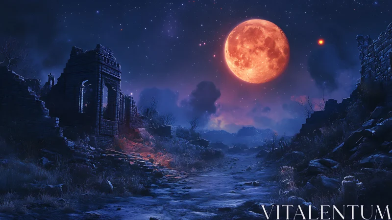 Blood moon above desolate ruins in eerie nightscape.