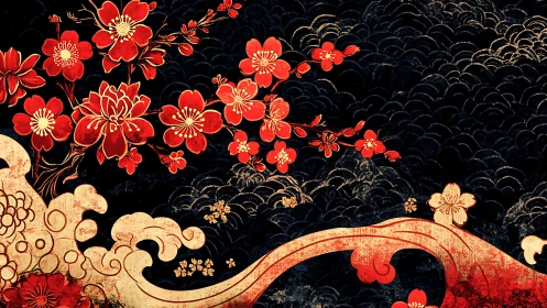 Red sakura blossoms arc over stylized golden waves