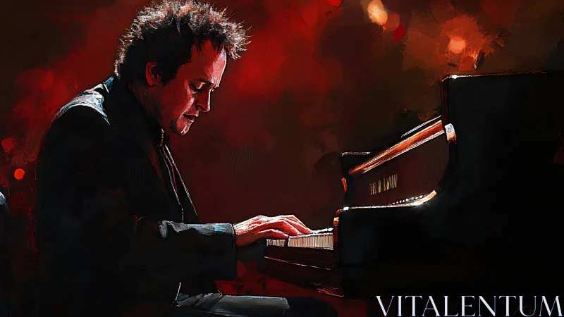 Soulful pianist leans into the keys under a glowing red haze
