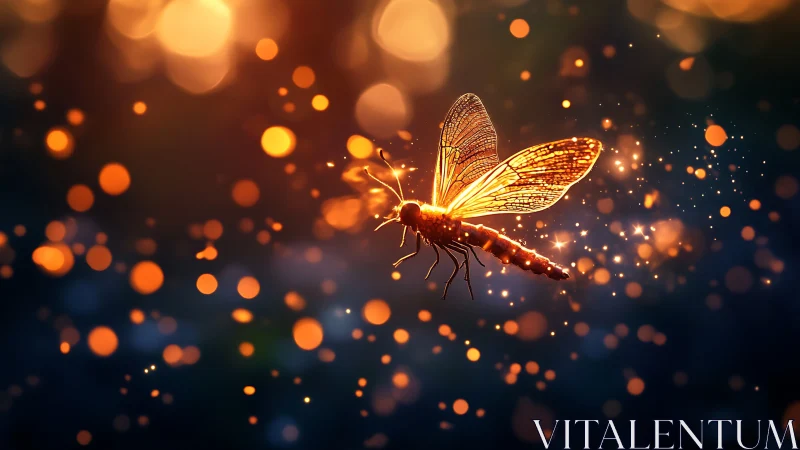 Digital painting of glowing insect amid bokeh light field.