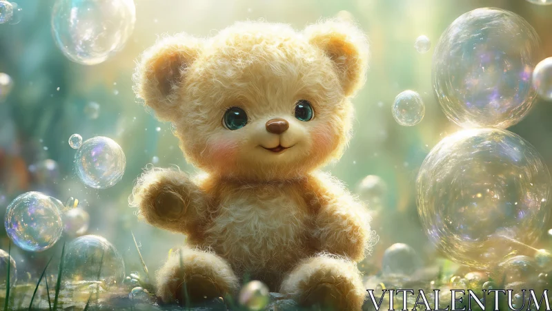 Bubble-kissed teddy bear sparkles in dreamy meadow light.