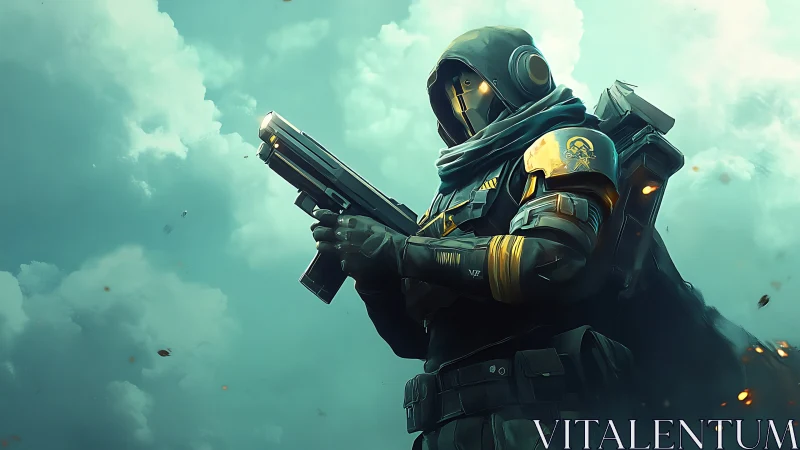Armored hooded soldier holds pistol in cloudy teal sky