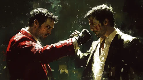 Two bruised men confronting each other in stylized portrait.