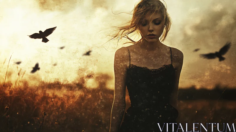 Solitary woman stands in field as dark birds cross sky