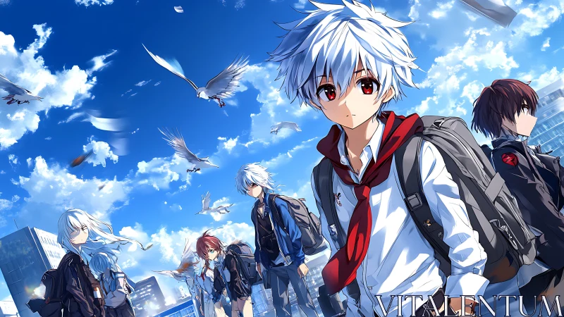 Skyward school day with windswept anime friends gathering.