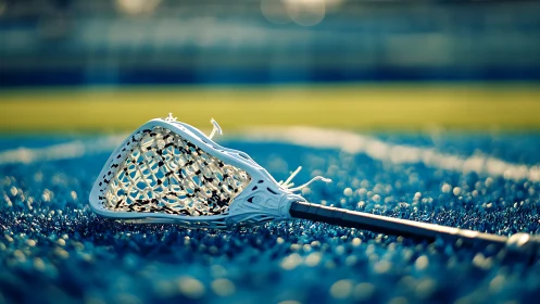 Lacrosse stick lying on textured blue synthetic turf field.